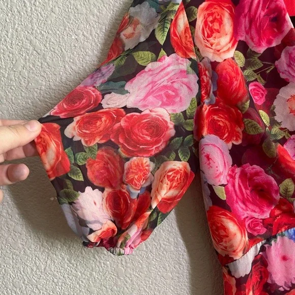 Ieena for MacDuggal 4 Puff Sleeve Shift Dress Red Floral Side Slit V Neck - Picture 5 of 9